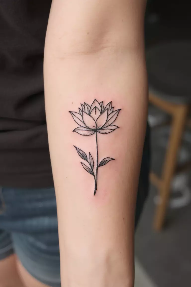Minimalist Lotus Flower A close up shot of woman's arm with a black ink minimalist lotus flower with a few leaves tattoo