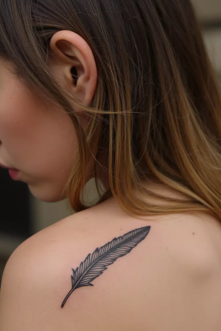 Tiny Feather Behind Ear A close up shot of woman's arm with a black ink tiny feather behind ear tattoo, delicate placement peeking from hairline