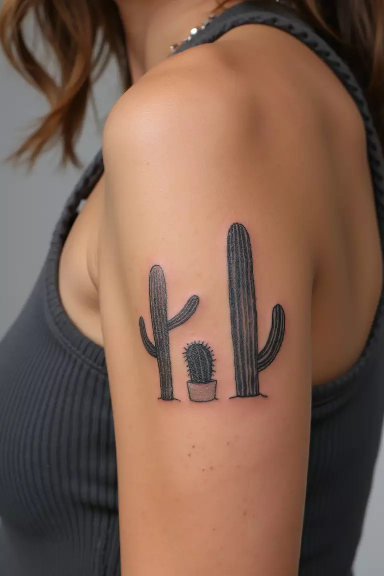 Trio of Cacti in Different Shapes and Sizes A close up shot of a woman showing her black ink trio of cacti tattoo in different shapes and sizes on her arm