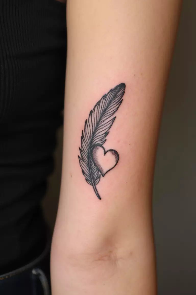 Feather With Heart Design A close up shot of woman's arm with a black ink feather with heart design tattoo, heart subtly incorporated into feather shape