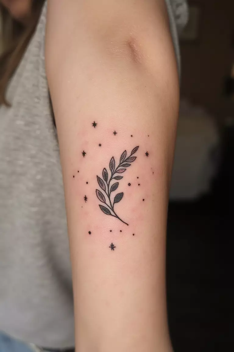 Olive Branch Surrounded By Tiny Stars A close up shot of woman's arm with a black ink olive branch surrounded by tiny stars tattoo
