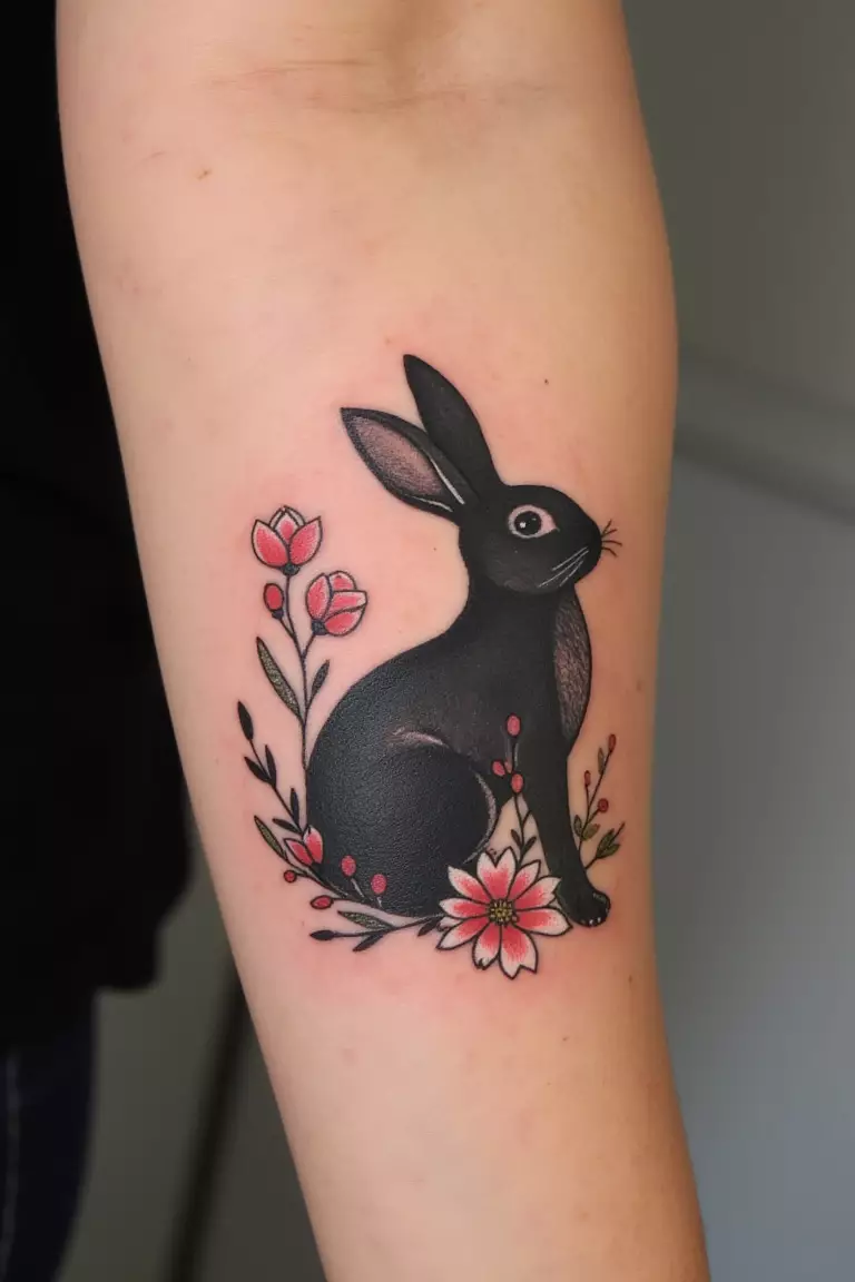 Bunny Surrounded by Spring Flowers A close up shot of woman's arm with a black ink bunny surrounded by spring flowers tattoo