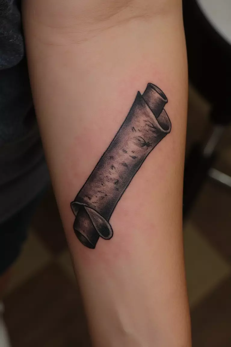 Mystical Scroll Tattoo A close up shot of woman's arm with a black ink tattoo of a rolled scroll.