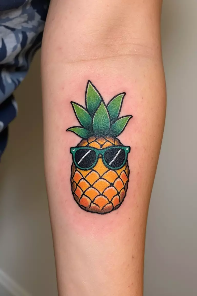 Cool As A Pineapple A close up shot of woman's arm with a black ink tattoo of a colorful cartoon-like pineapple wearing sunglasses, fun and playful beach design.