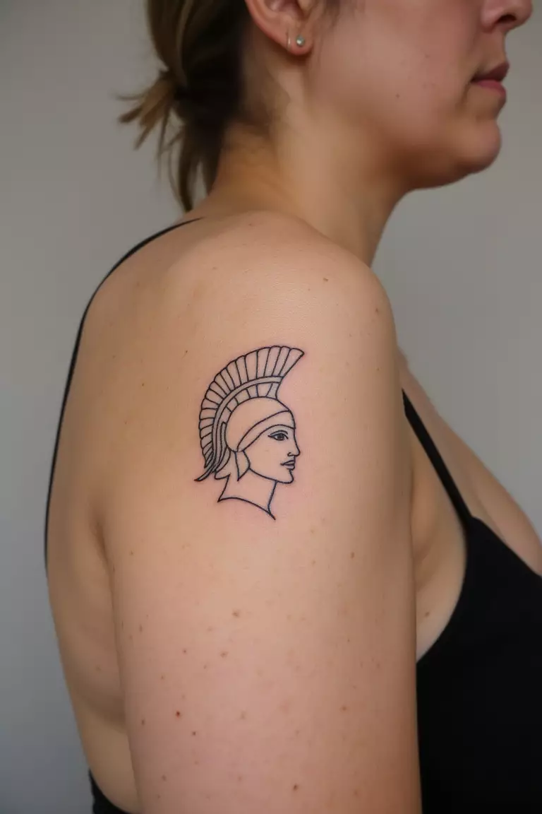 Athena's Helmet A close up shot of woman's arm with a black ink tattoo featuring a minimalist outline of Athena's iconic helmet, clean and elegant design.