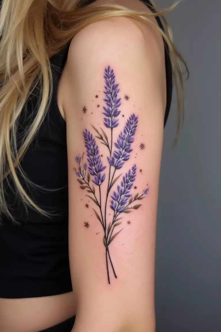 Lavender and Stars A close up shot of woman's arm with a lavender and stars tattoo
