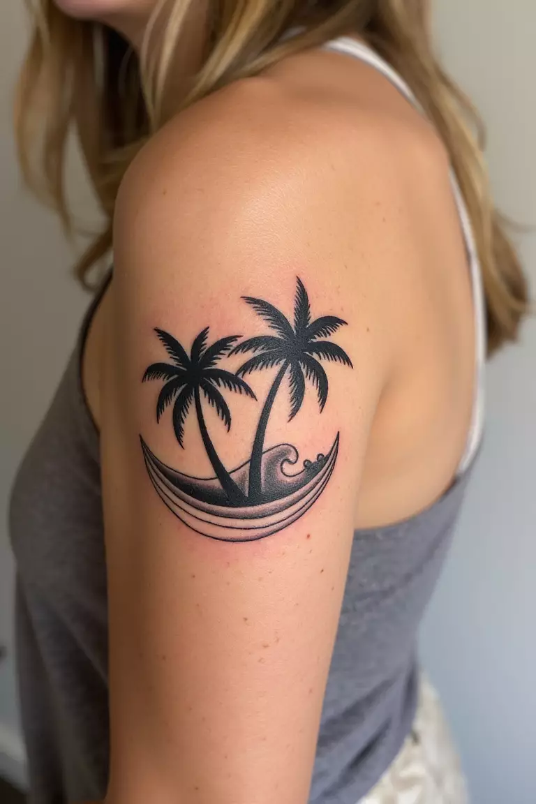 Double Palms & Waves A close up shot of woman's arm with a black ink tattoo featuring two palm trees and waves, emphasizing beach love with doubled imagery.