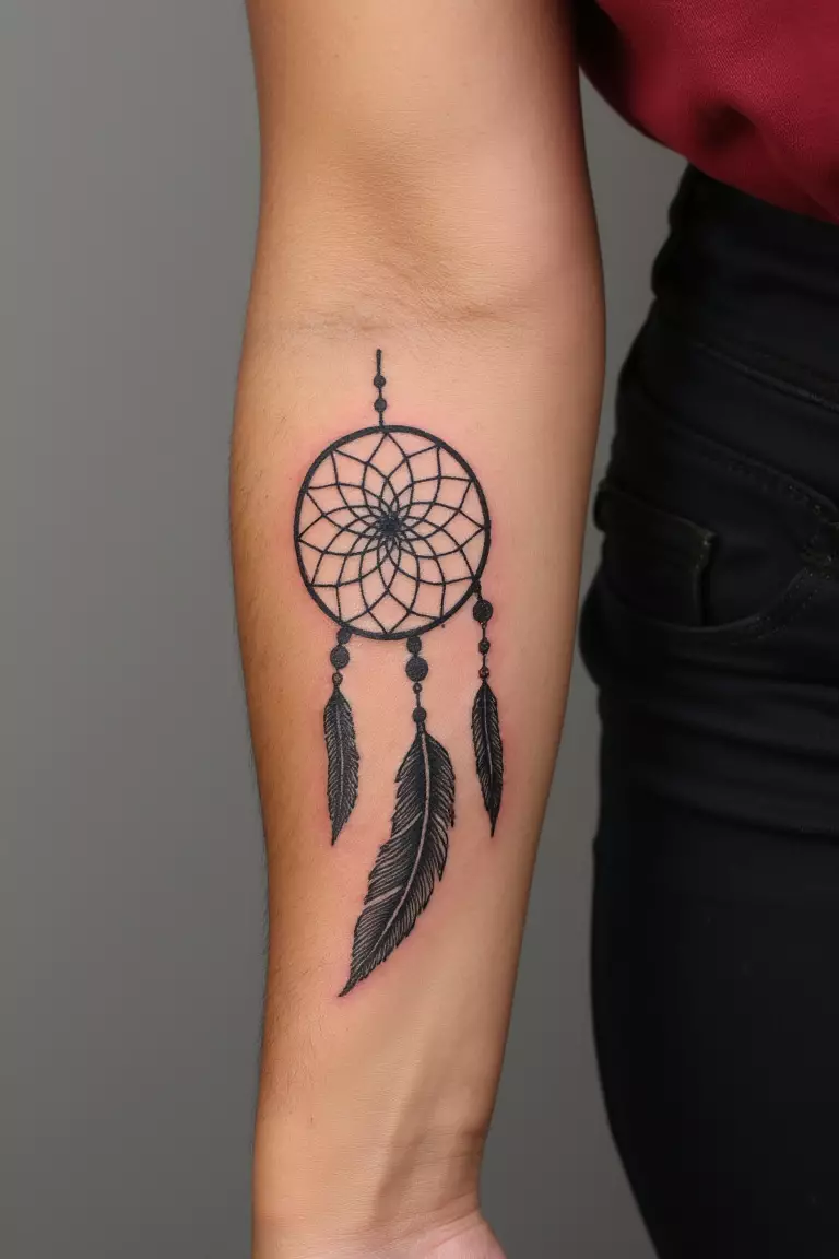 Feather And Dreamcatcher Combination A close up shot of woman's arm with a black ink feather and dreamcatcher combination tattoo, with intricate webbing and small beads