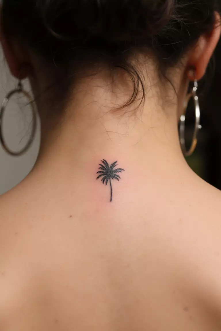 Tiny Palm Leaf Tattoo A close up shot of woman's neck from the back with a black ink tiny palm leaf tattoo