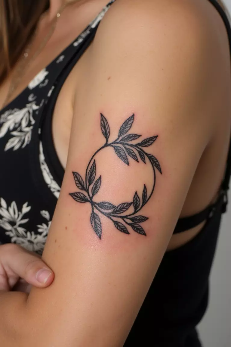 Olive Branch Wrapped Around A Circle A close up shot of woman's arm with a black ink olive branch wrapped around a circle tattoo