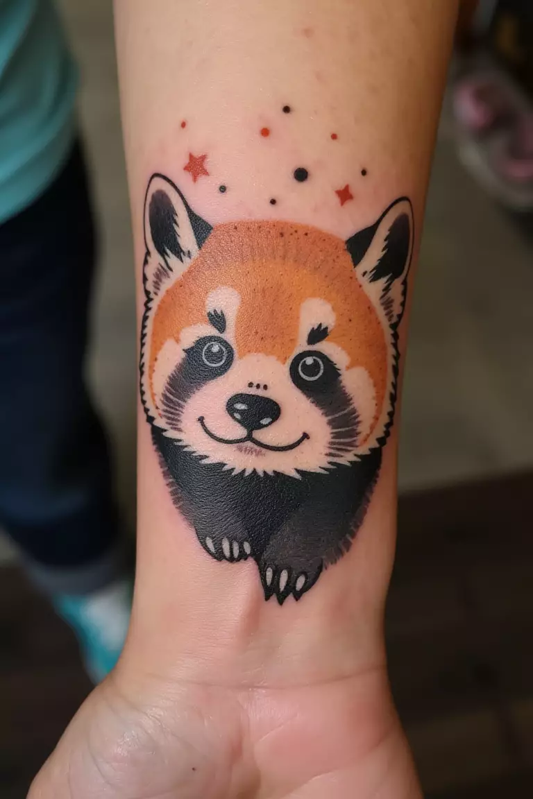 Charming Dotwork Panda Cub Tattoo on Forearm A close up shot of woman with a charming dotwork panda cub tattoo on her forearm.
