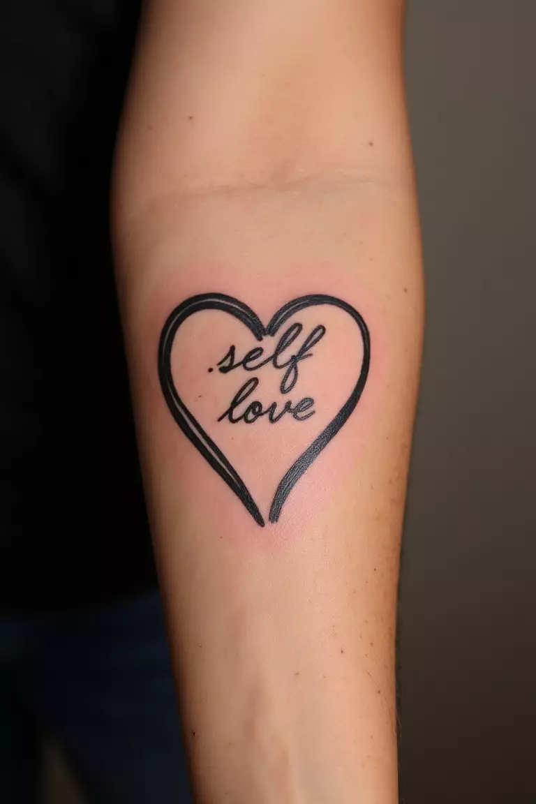 Self-Love Heart Tattoo A close up shot of woman's arm with a black ink self-love heart tattoo, with