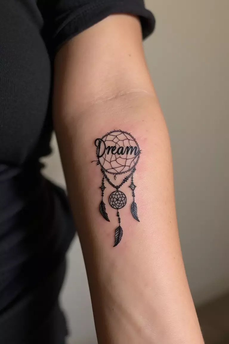 Name Dreamcatcher Tattoo A close up shot of woman's arm with a black ink name dreamcatcher tattoo.