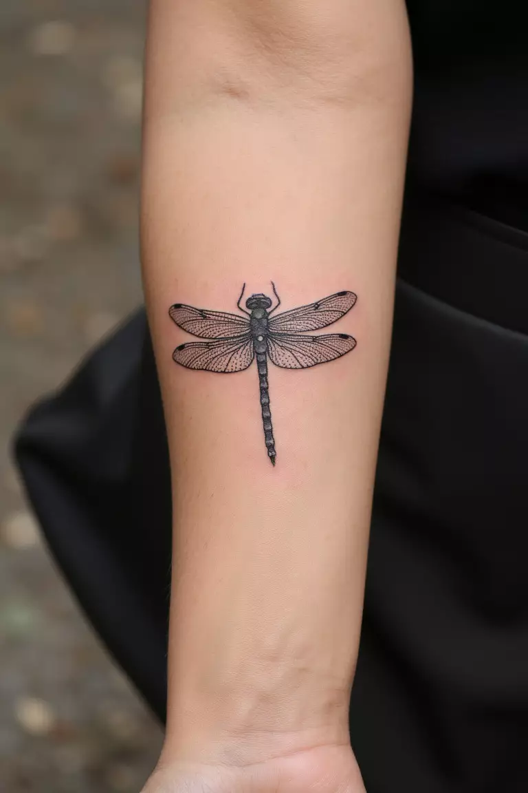 Minimalist Dragonfly With Japanese Patterns A close up shot of woman's arm with a black ink minimalist dragonfly with Japanese patterns tattoo