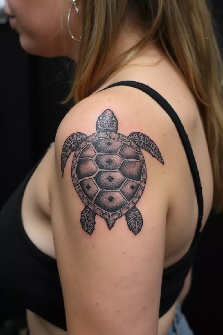 Sea Turtles A close up shot of woman's arm with a black ink tattoo featuring detailed sea turtle design in black, grey, and white, showing intricate realistic details.