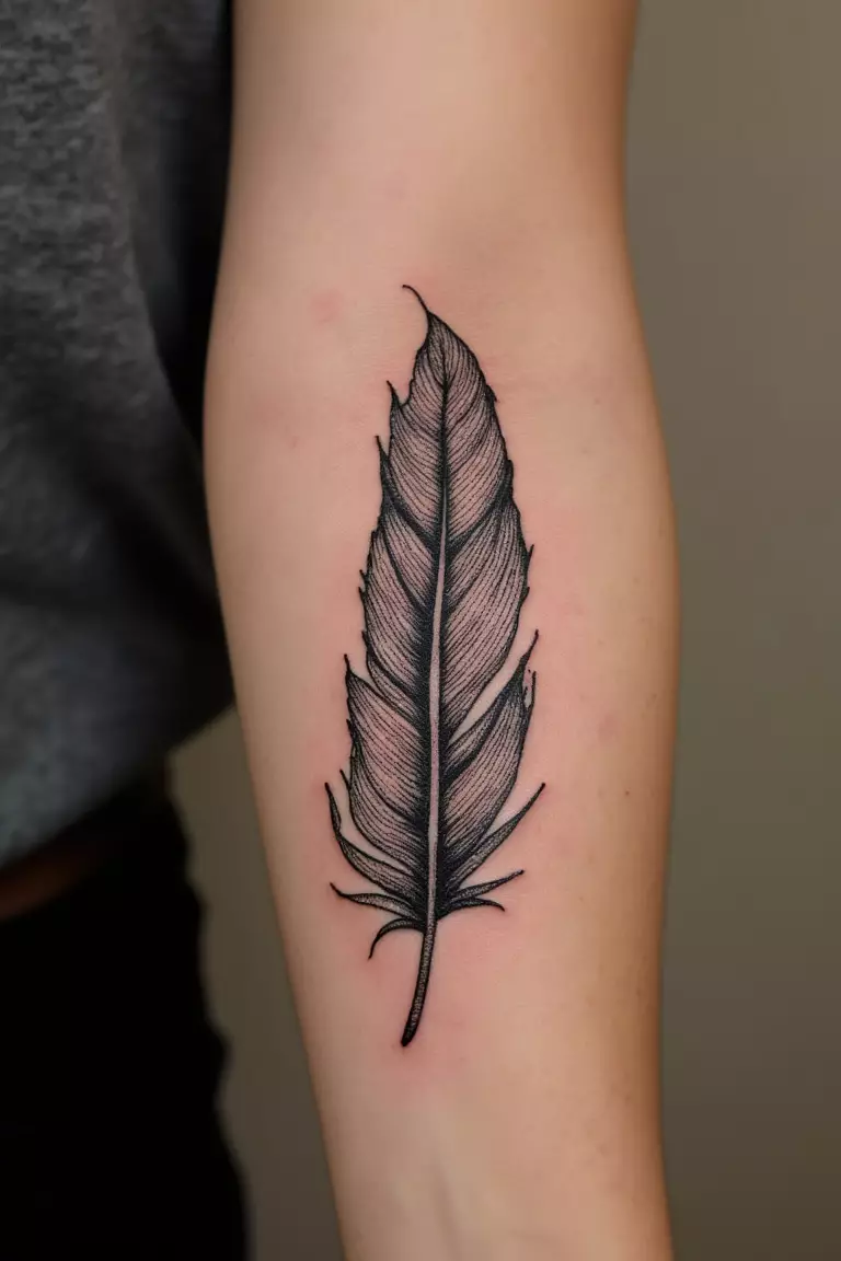 Abstract Feather Tattoo A close up shot of woman's arm with a black ink abstract feather tattoo, stylized with unusual patterns and shapes