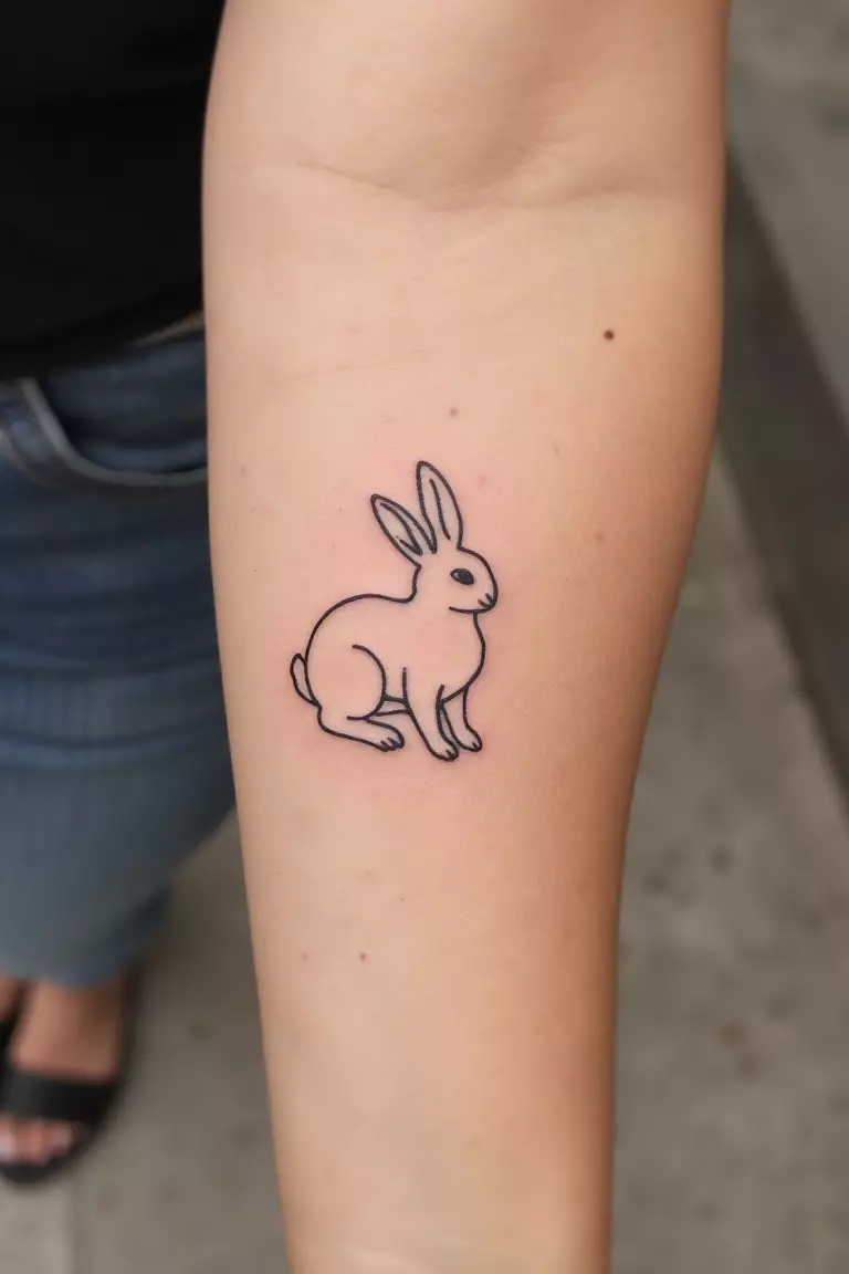 Minimalist Bunny Outline A close up shot of woman's arm with a black ink minimalist bunny outline tattoo
