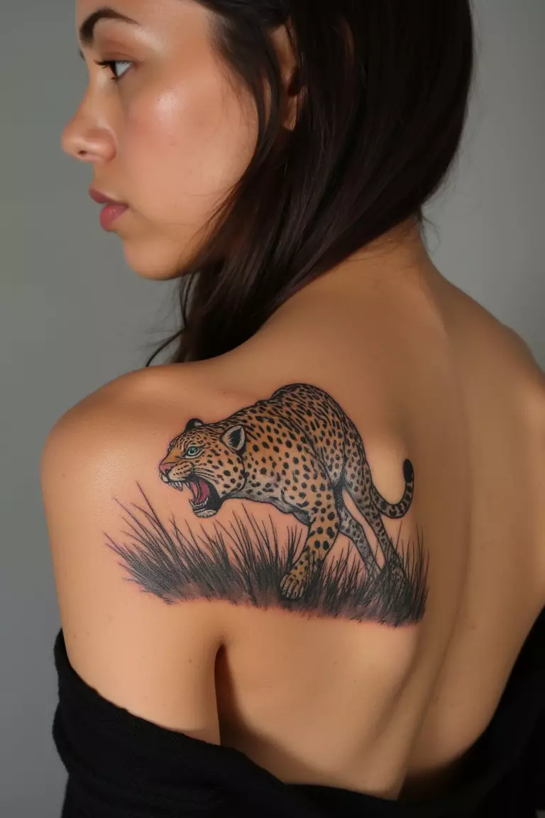 Leopard Running Through Tall Grass A photo of a woman showing her dynamic leopard tattoo depicting the animal running through tall grass on her shoulder