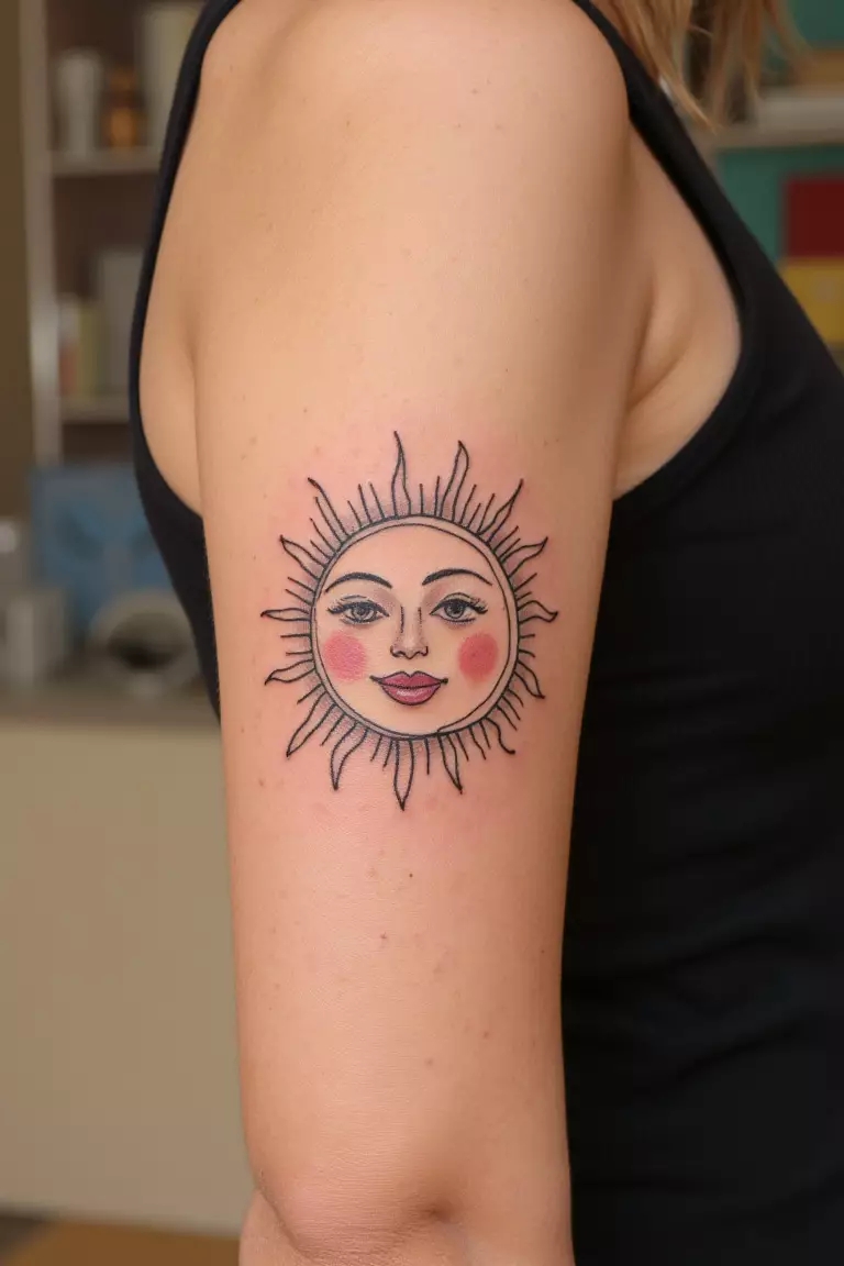 Happy Sun A close up shot of woman's arm with a black ink tattoo of a cheerful sun design, bringing sunshine wherever she goes.