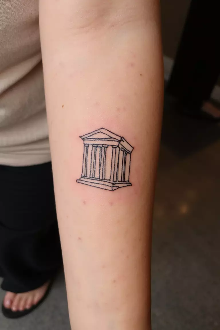 Minimalist Greek Temple A close up shot of woman's arm with a black ink tattoo featuring a small outline of a Greek temple with classic columns.