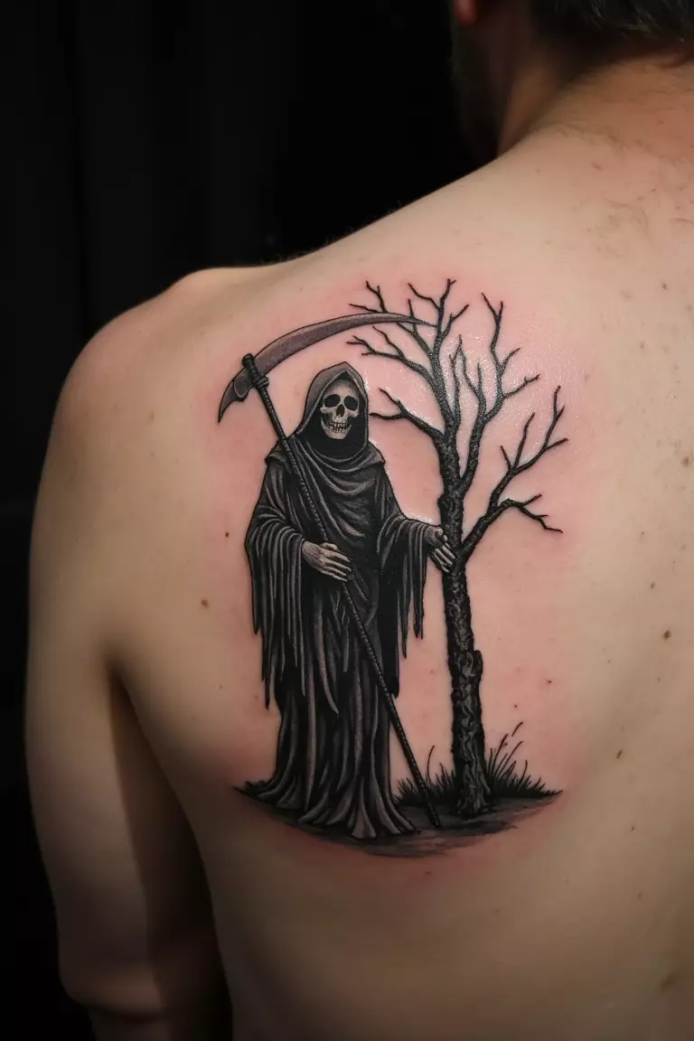 Grim Reaper Standing Under a Dead Tree A close up shot of man's shoulder with a black ink grim reaper standing under a dead tree tattoo