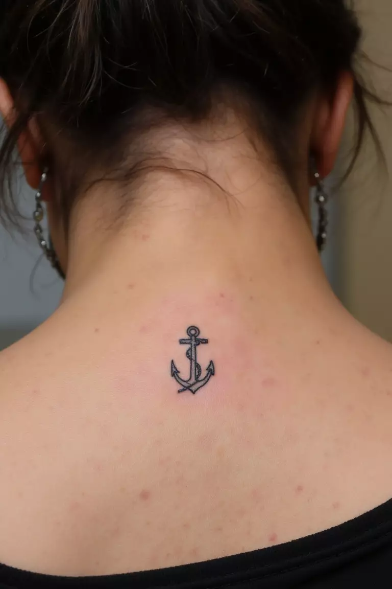 Tiny Anchor Tattoo A close up shot of woman's neck from the back with a black ink tiny anchor tattoo