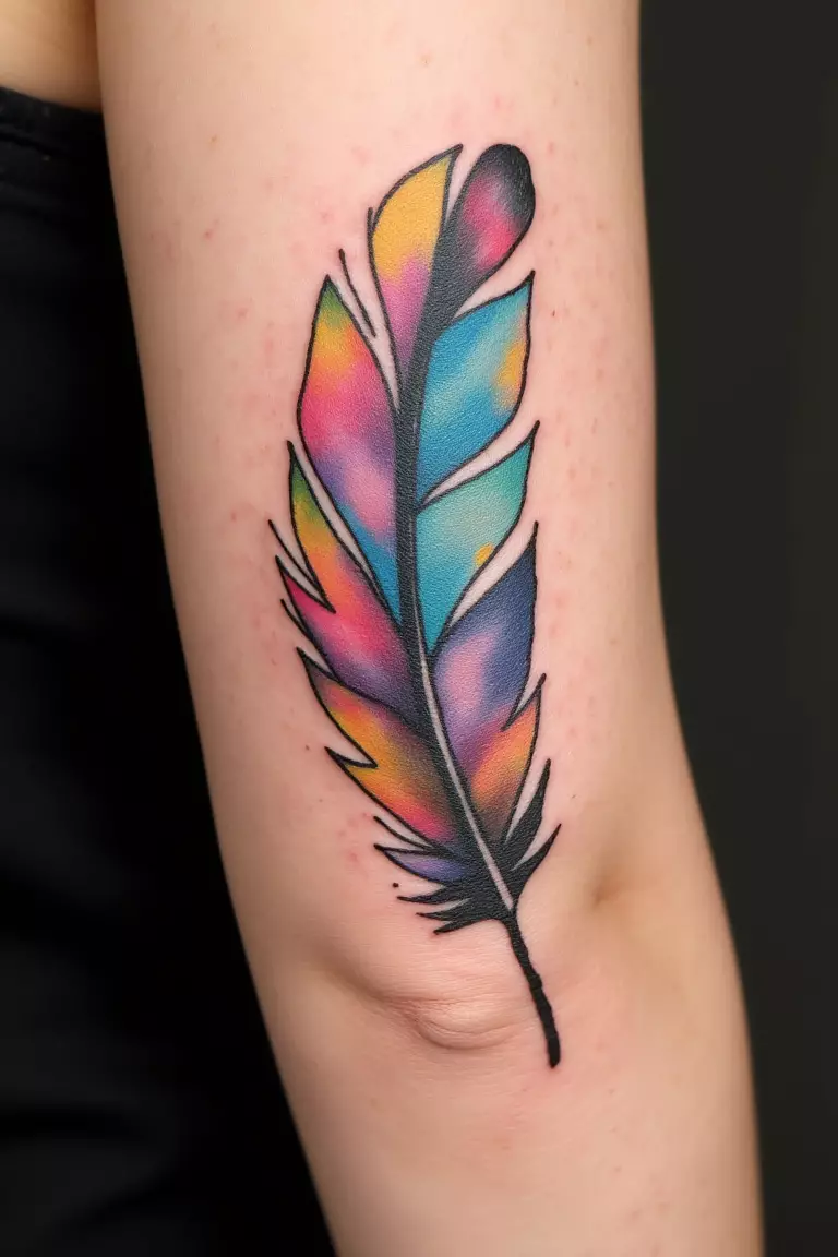 Watercolor Feather Tattoo A close up shot of woman's arm with a black ink watercolor feather tattoo, vibrant colors blending seamlessly with feather outline