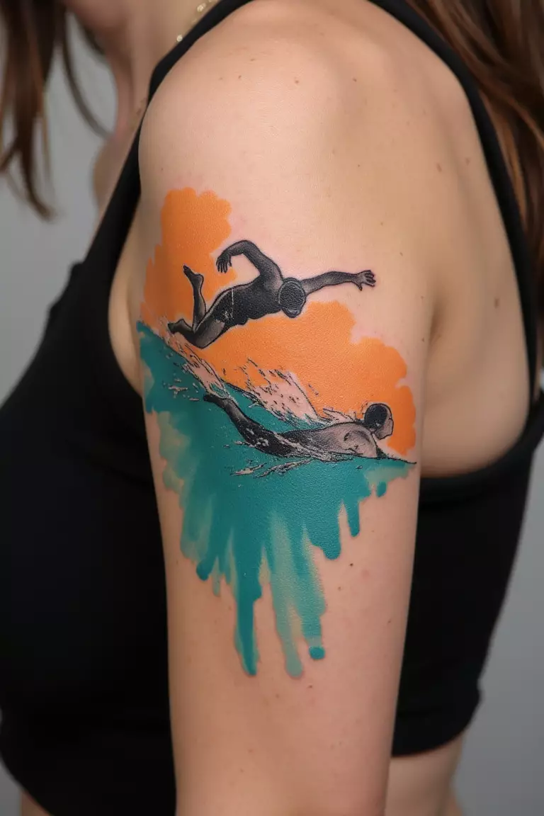 Dive In Deep A close up shot of woman's arm with a black ink tattoo showing intricate detail of a swimmer diving against a splash of turquoise and orange watercolor effect.