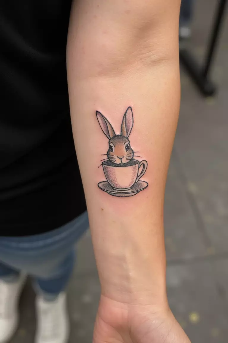 Bunny Rabbit in a Teacup A close up shot of woman's arm with a black ink bunny rabbit in a teacup tattoo