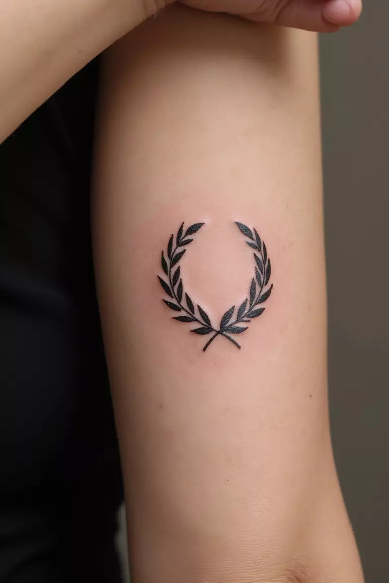 Minimalist Laurel Wreath A close up shot of woman's arm with a black ink tattoo of a simplified laurel wreath inspired by Apollo, representing victory and achievement.