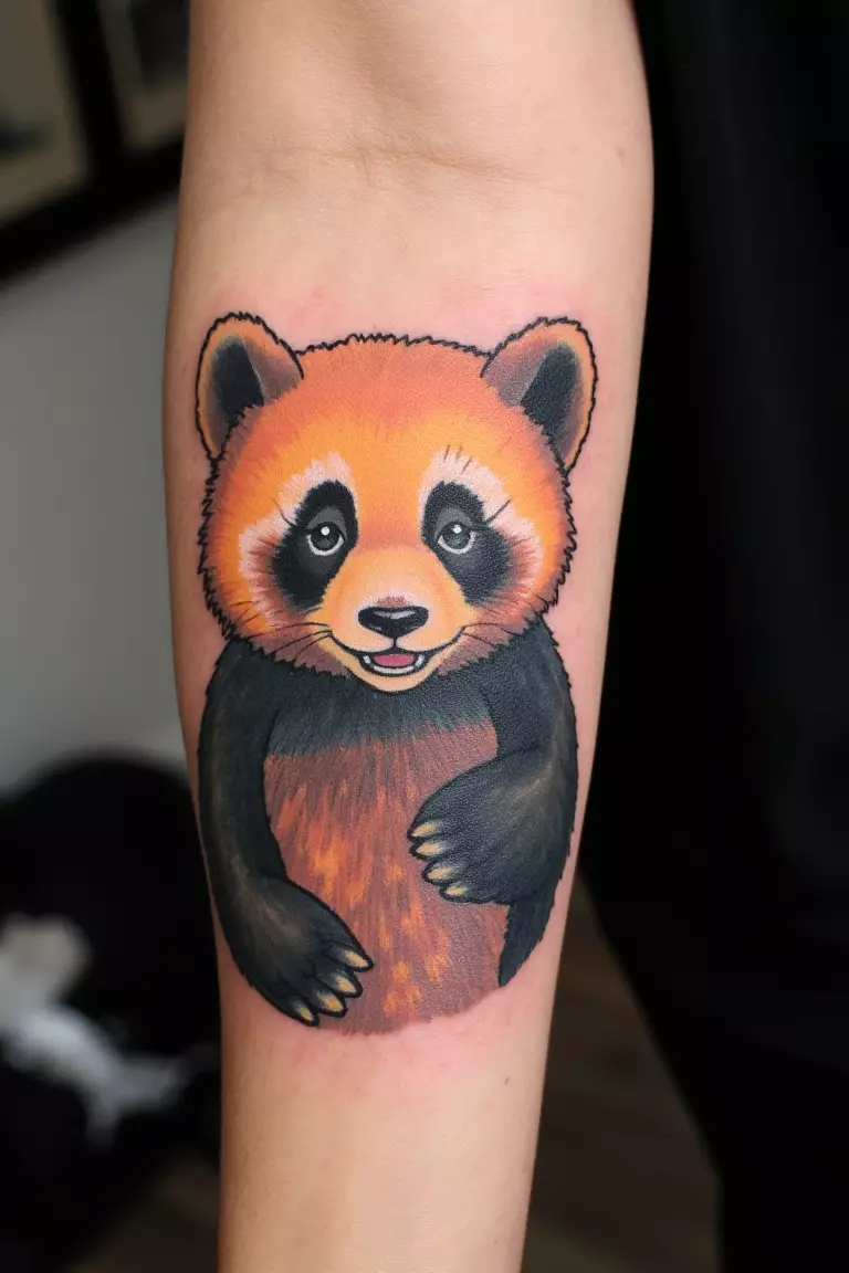 Color Realistic Happy Panda Tattoo on Forearm A close up shot of woman with a colorful realistic happy panda tattoo on her forearm.