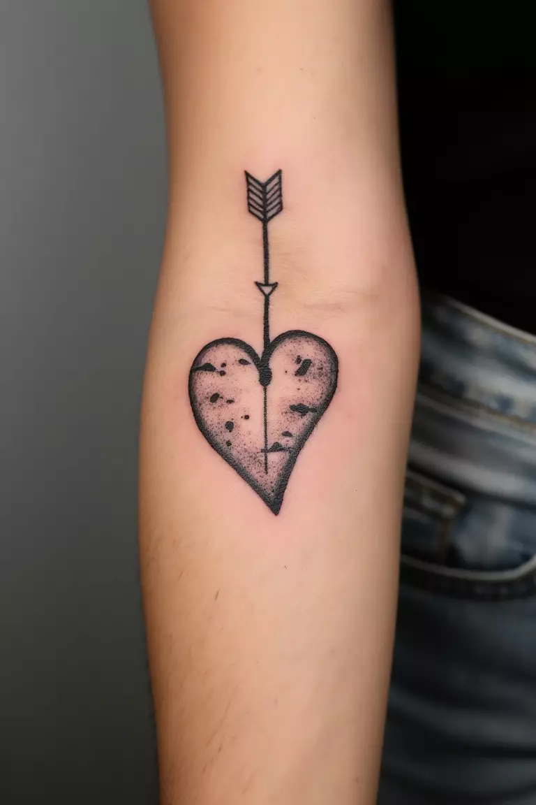 Heart and Arrow Tattoo A close up shot of woman's arm with a black ink heart and arrow tattoo, cupid's arrow piercing through