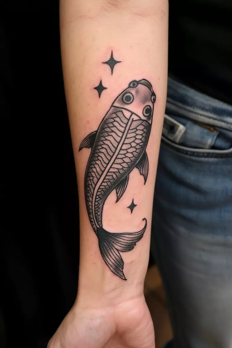 Geometric Koi Fish Design A close up shot of woman's arm with a black ink geometric koi fish design tattoo