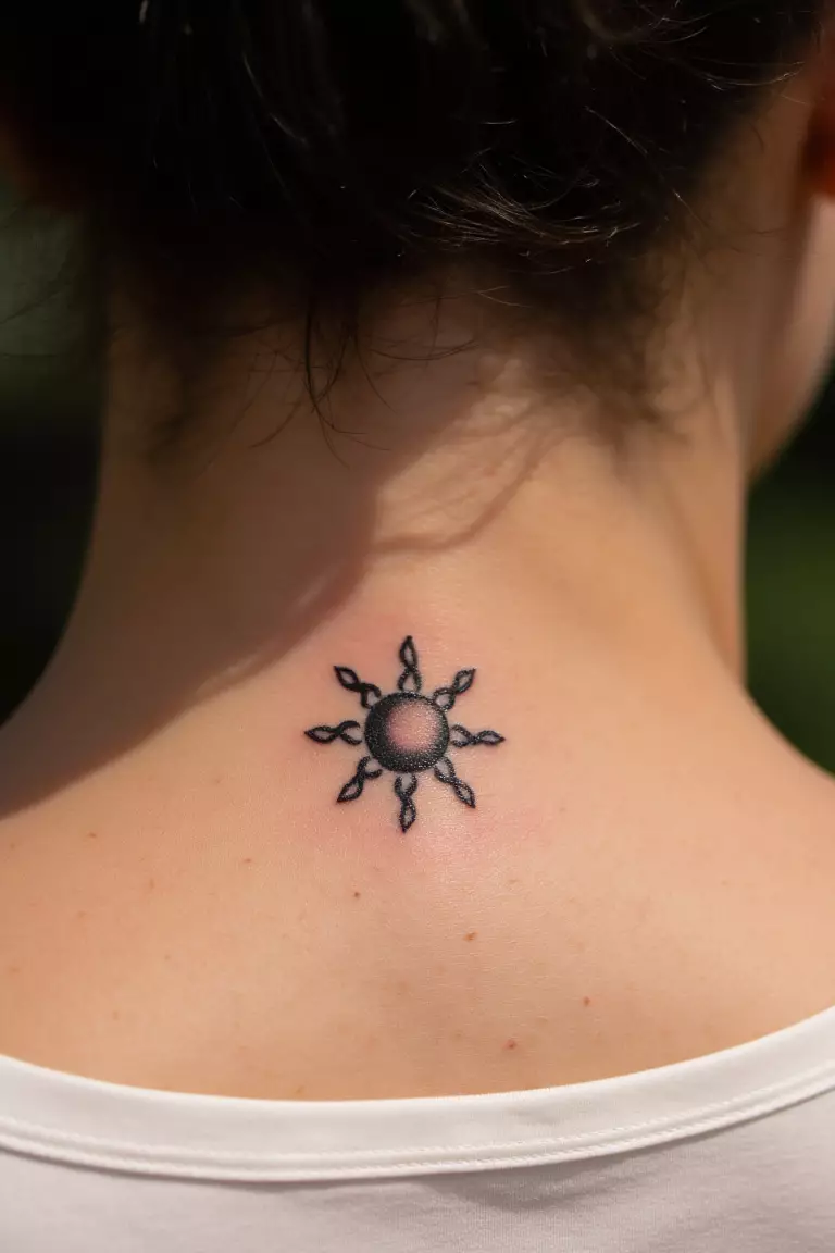 Tiny Sun Tattoo A close up shot of woman's neck from the back with a black ink tiny sun tattoo