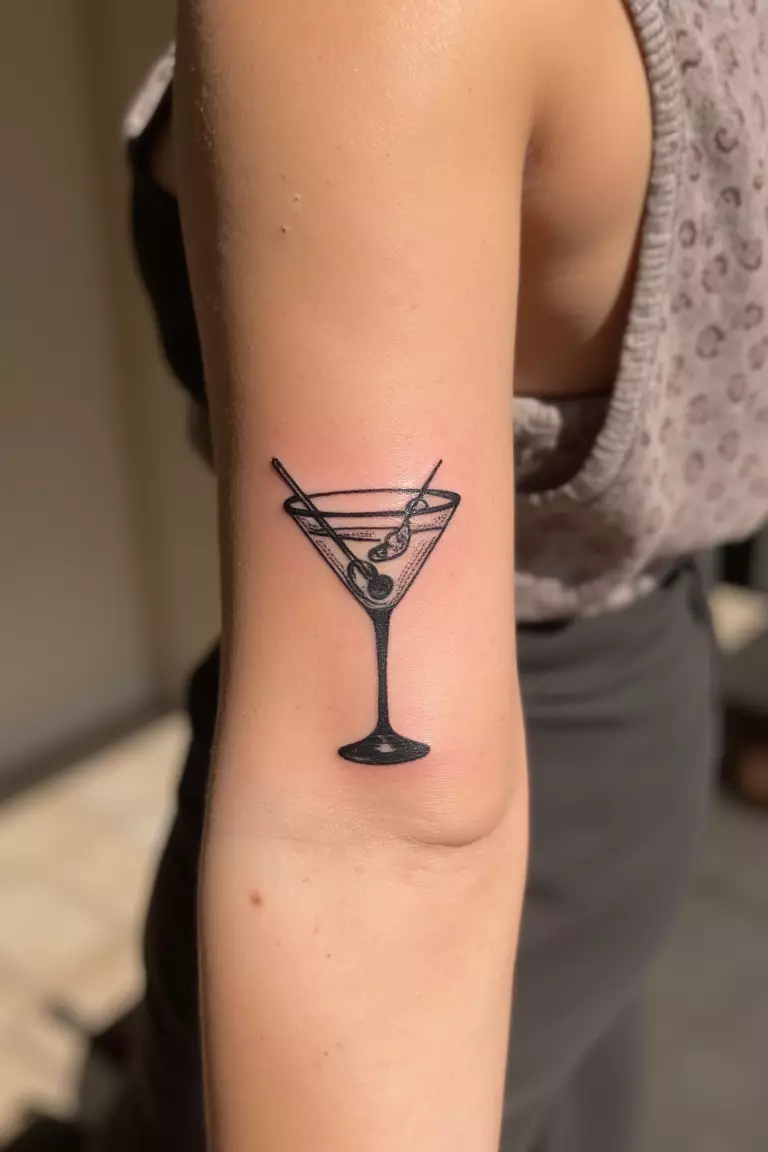 Summer Drink A close up shot of woman's arm with a black ink tattoo of a martini glass design, evoking beach vacation vibes and relaxation.