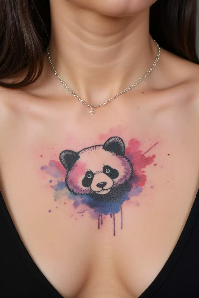 Abstract Watercolor/Sketch Panda Tattoo On Woman’s Chest A close up shot of woman with an abstract watercolor/sketch panda tattoo on her chest.