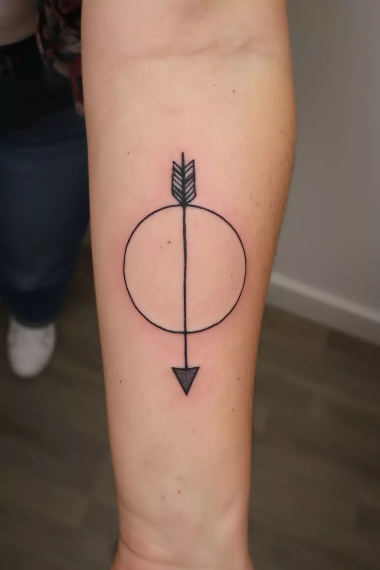 Arrow and Circle Tattoo A close up shot of woman's arm with a black ink arrow and circle tattoo, arrow encircled by a perfect circle