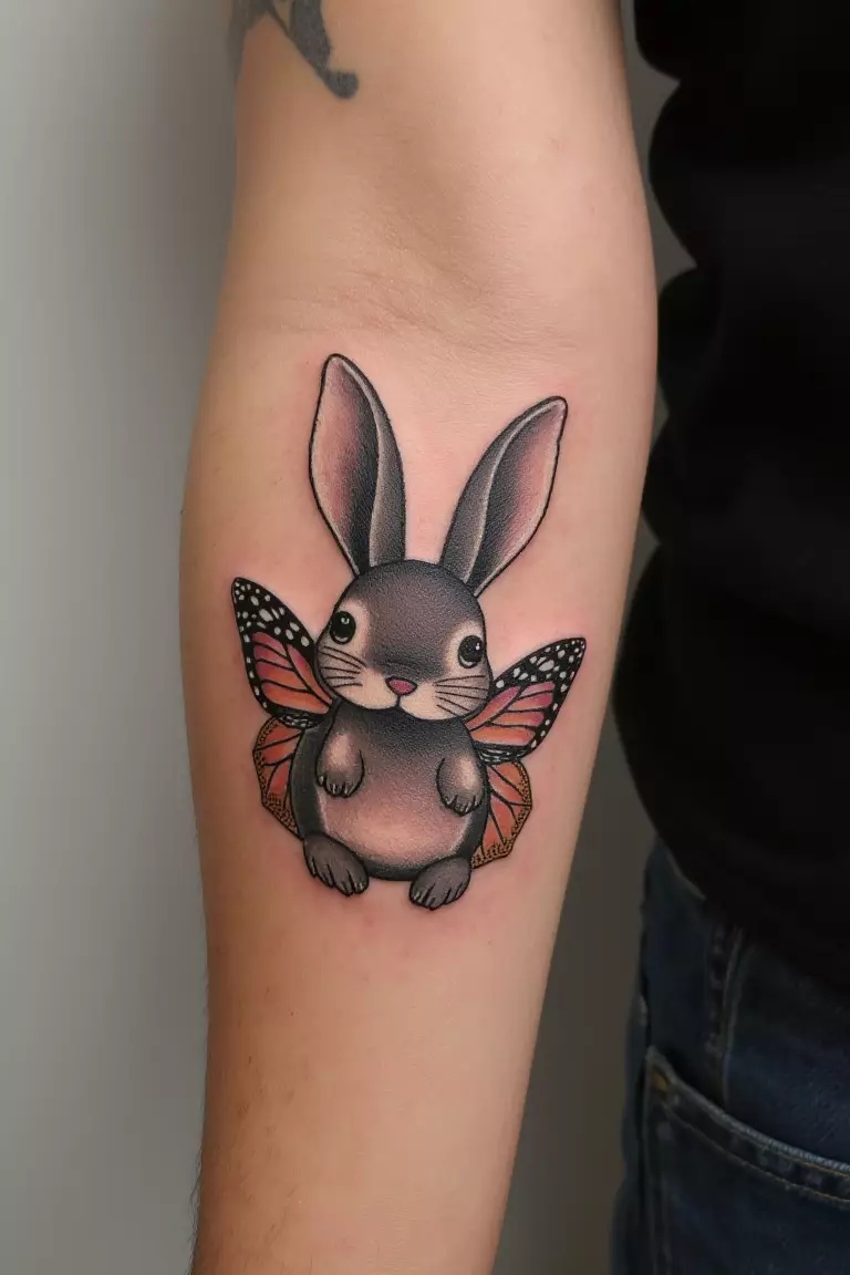 Bunny With Butterfly Wings A close up shot of woman's arm with a black ink bunny with butterfly wings tattoo
