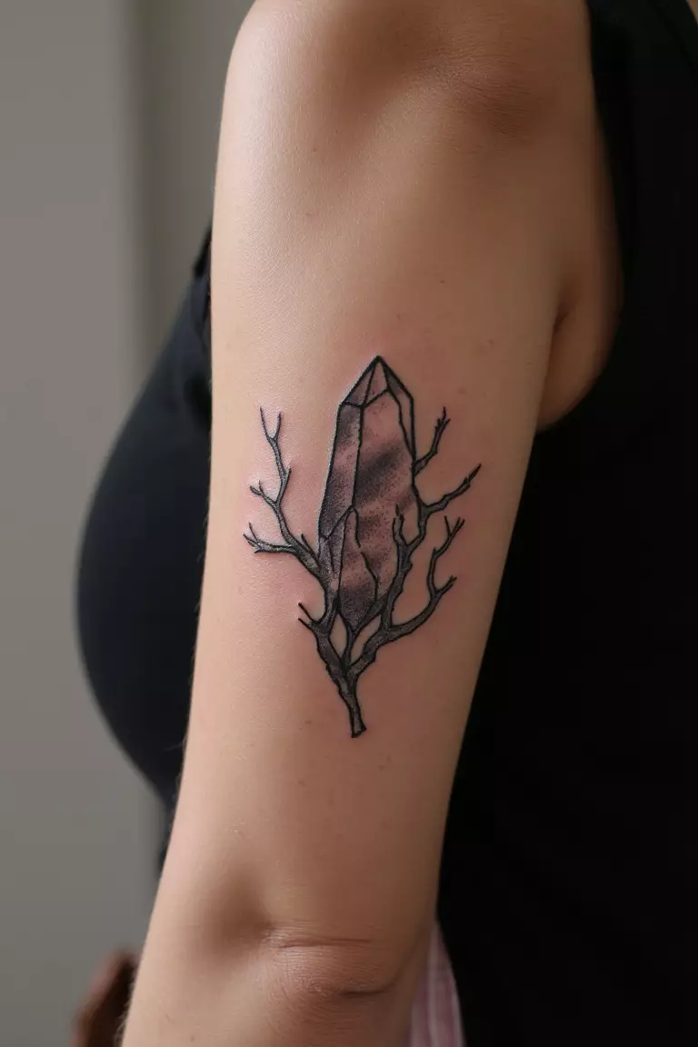 Crystal Nest Tattoo A close up shot of woman's arm with a black ink tattoo of a crystal nestled in twisted branches.