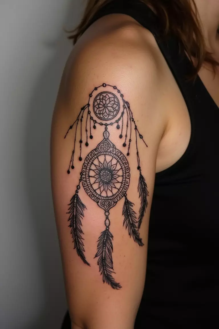 Traditional Dreamcatcher Tattoo A close up shot of woman's arm with a black ink traditional dreamcatcher tattoo.