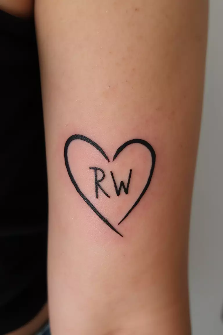 Heart with Initials Tattoo A close up shot of woman's arm with a black ink heart with the initials