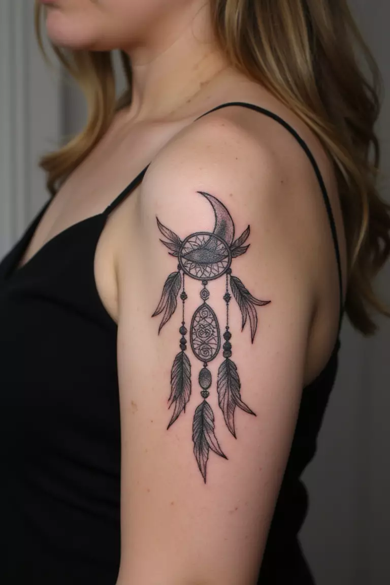 Crescent Moon Dreamcatcher Tattoo A close up shot of woman's arm with a black ink crescent moon dreamcatcher tattoo.
