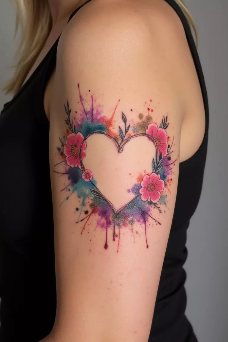 Hollow Heart with Watercolor Flowers Tattoo A close up shot of woman's arm with a hollow heart with watercolor flowers tattoo, splashes of color