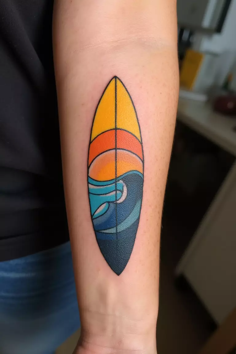 Surf's Up A close up shot of woman's arm with a black ink tattoo showing abstract surfer's board with colorful yellow, orange, and blue sun and wave design inside.