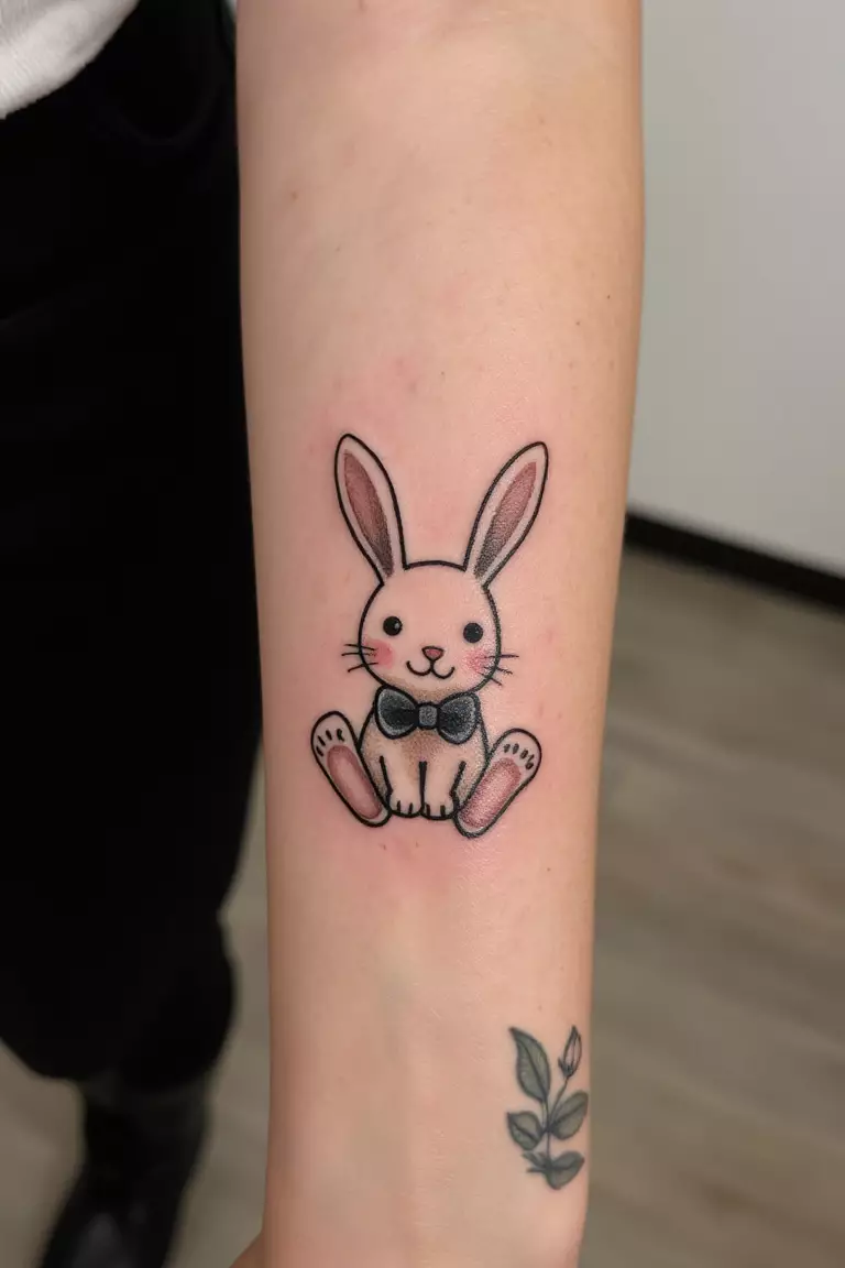 Bunny With a Bow Tie A close up shot of woman's arm with a black ink bunny with a bow tie tattoo