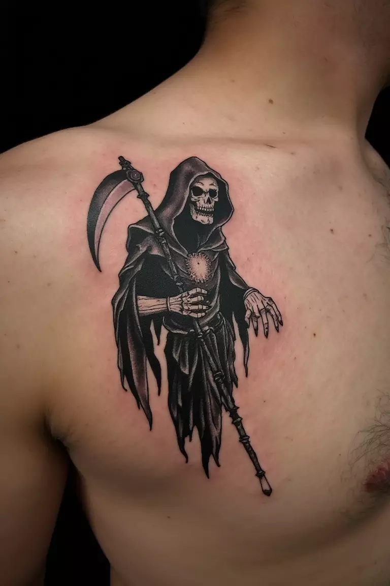 Abstract Grim Reaper Made of Geometric Shapes A close up shot of man's shoulder with a black ink abstract grim reaper made of geometric shapes tattoo