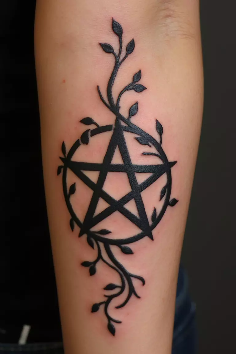 Pentagram Wrapped in Nature A close up shot of woman's arm with a black ink tattoo of a pentagram entwined with vines.