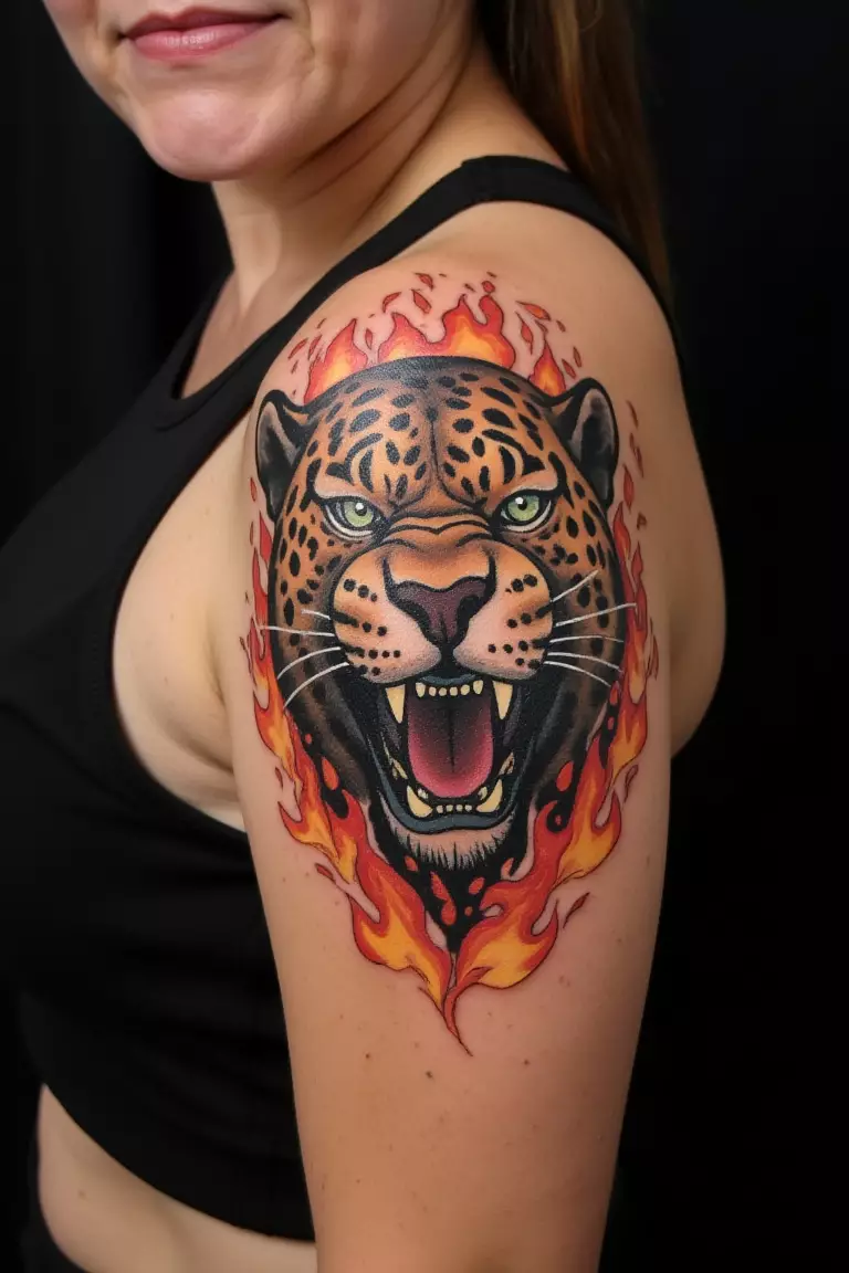 Fierce Roaring Leopard Head with Flames A photo of a woman showing her fierce roaring leopard head tattoo with flames on her upper arm