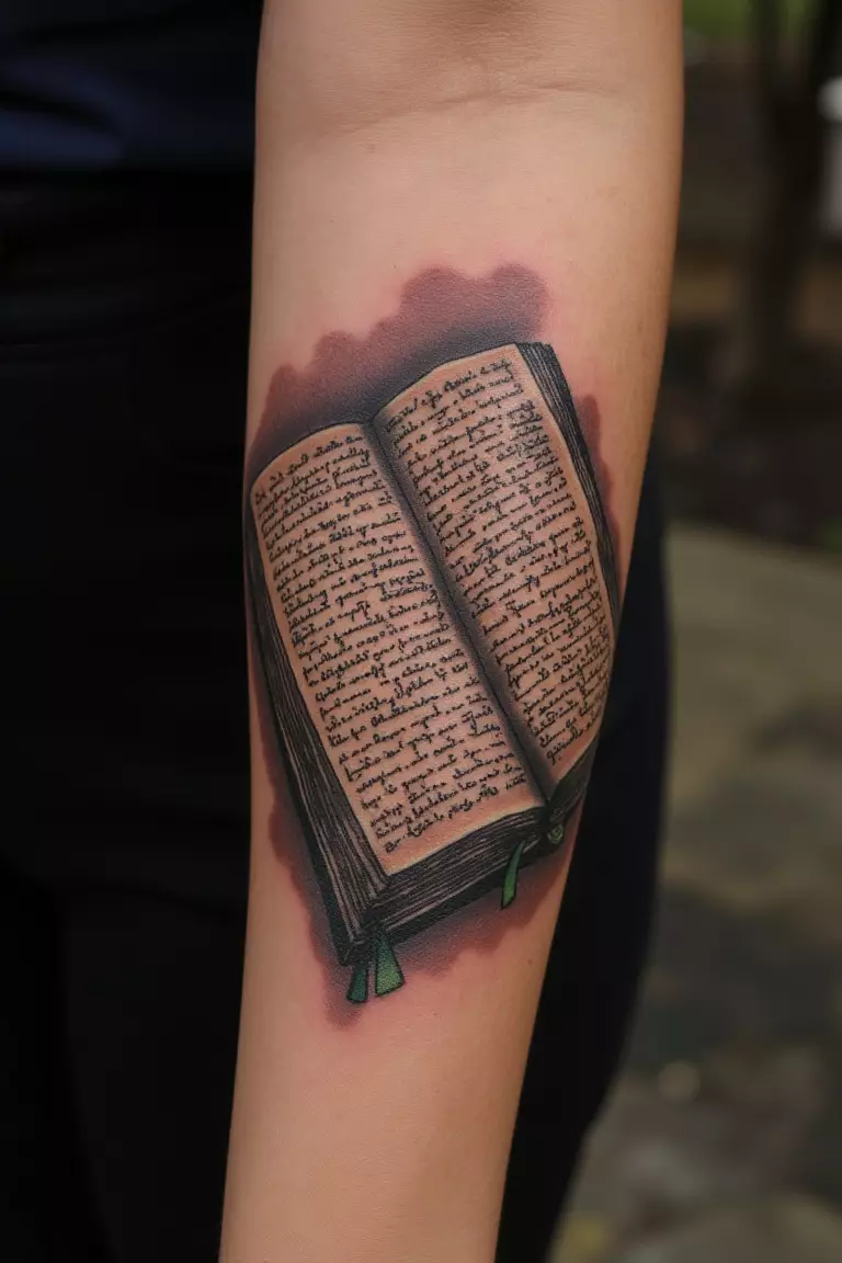 Mystical Book of Spells Tattoo A close up shot of woman's arm with a black ink tattoo of a detailed book with ancient script.