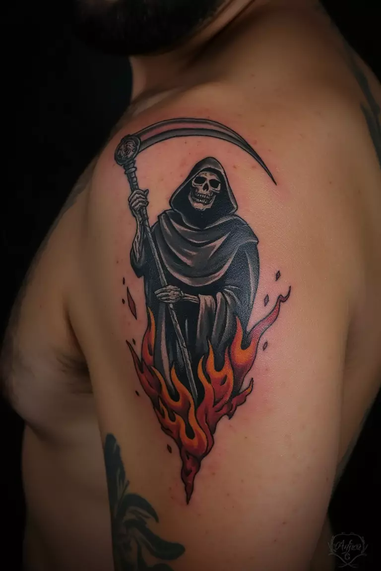 Grim Reaper Emerging From Flames A close up shot of man's shoulder with a black ink grim reaper emerging from flames tattoo